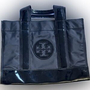 Tory Burch Authentic 88366 Large Nylon Patten Leather Trim Black Hand/To…